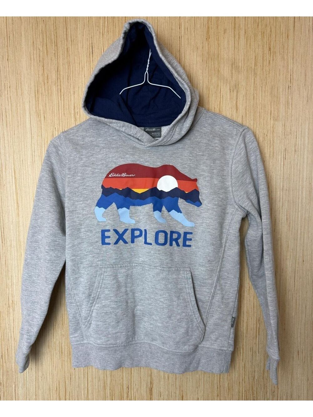 Eddie Bauer Hoodie Kids 10-12 Gray Explore Bear Graphic Fleece Pullover - Picture 1 of 5
